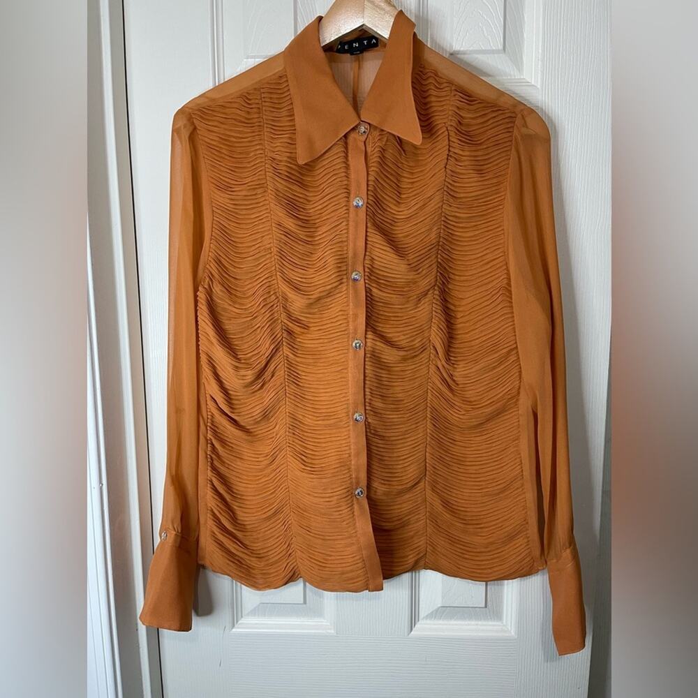 Silk Retro Orange Y2K Rhinestone Ruched Western button Up Blouse size 12